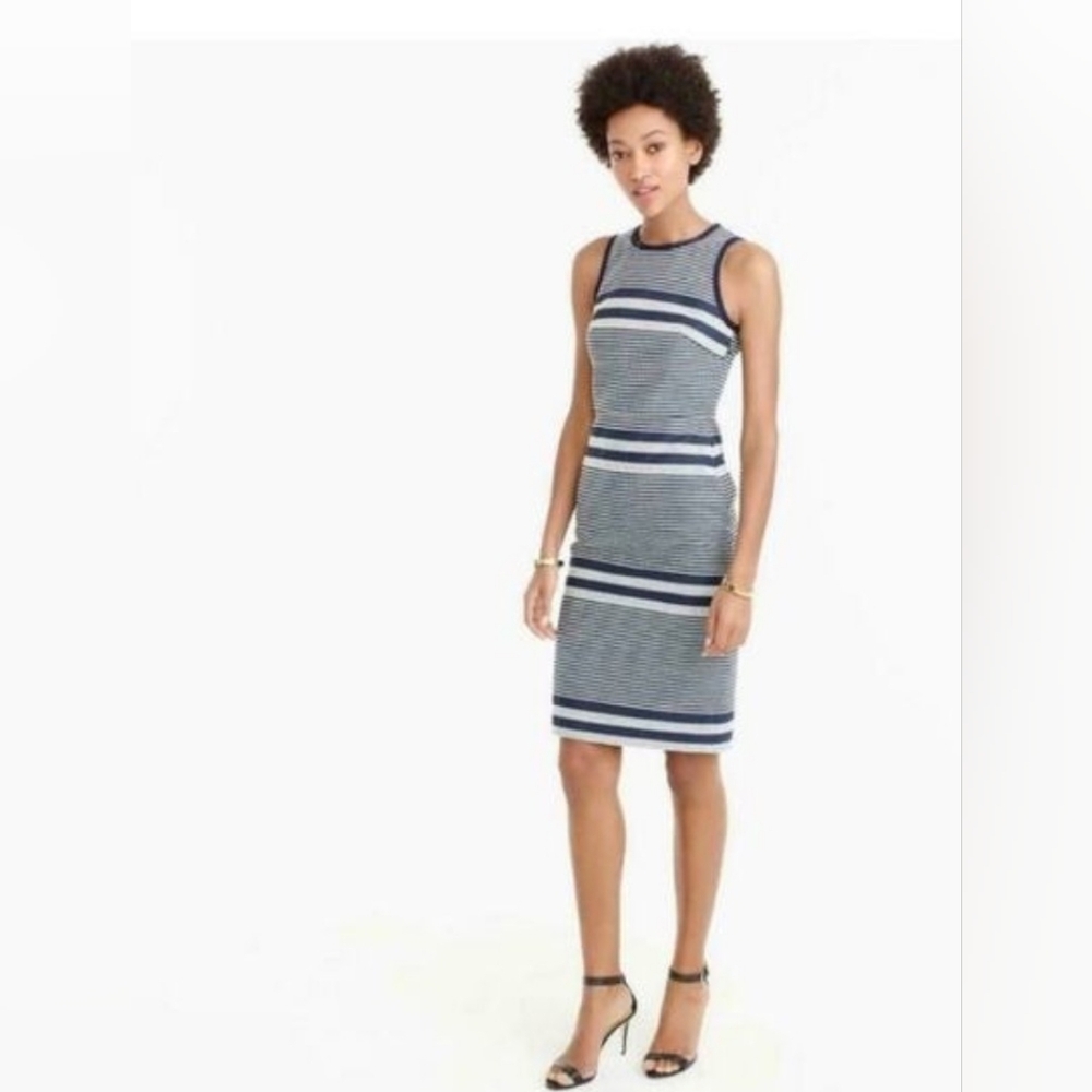 J. Crew CLASSIC Striped Navy Woven Tweed Sleeveless Sheath Career Dress Size 00